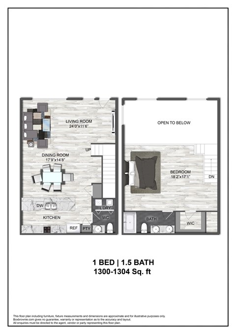 A floor plan of a one bedroom apartment.
